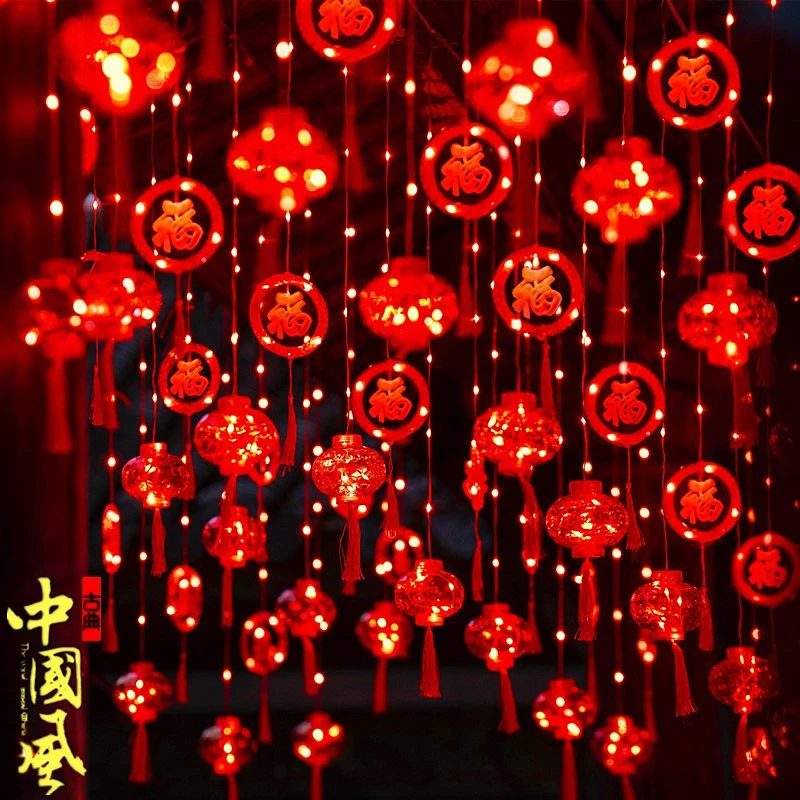 春节福字led小红灯笼挂饰过年太阳能彩灯串氛围灯新年阳台装饰灯