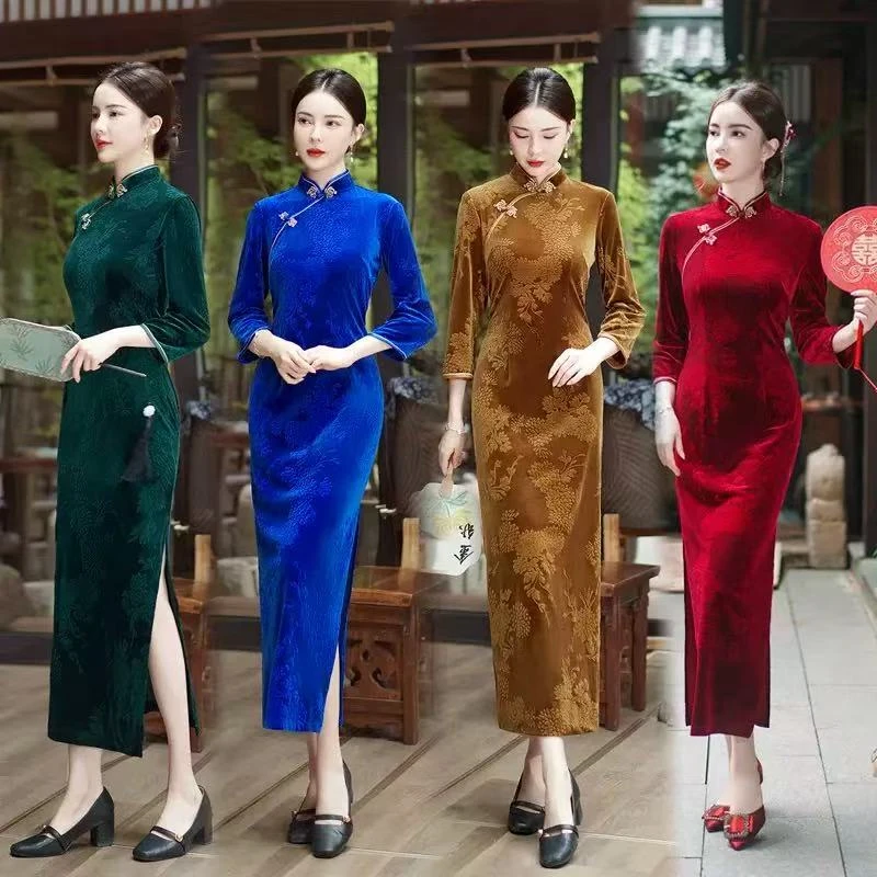 春秋冬新款高档复古典雅韵味十足丝绒旗袍大码妈妈礼服走秀旗袍