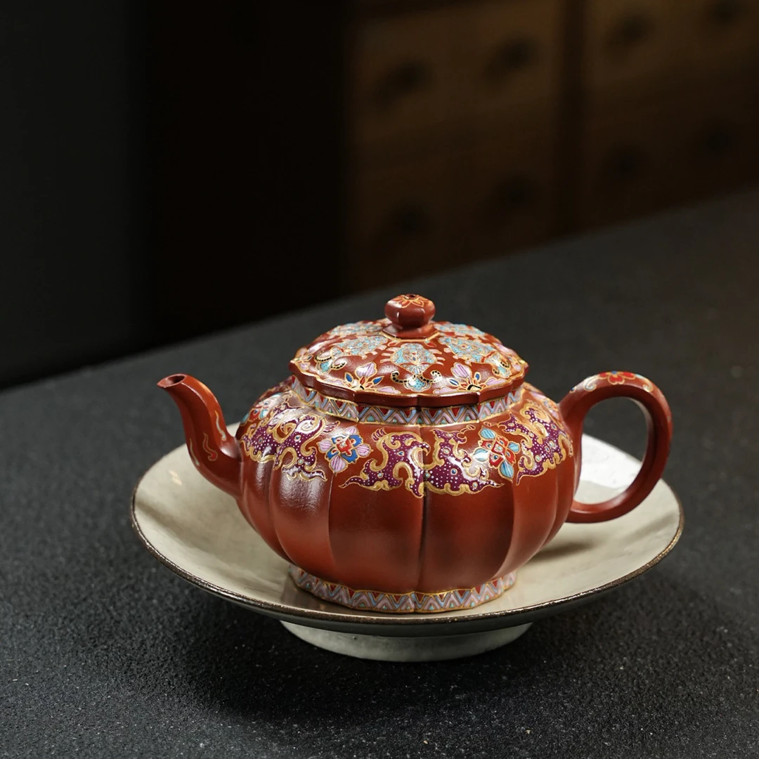 宝相·筋纹宫灯·200cc 极品朱泥好料 全手工珐琅彩 紫砂壶