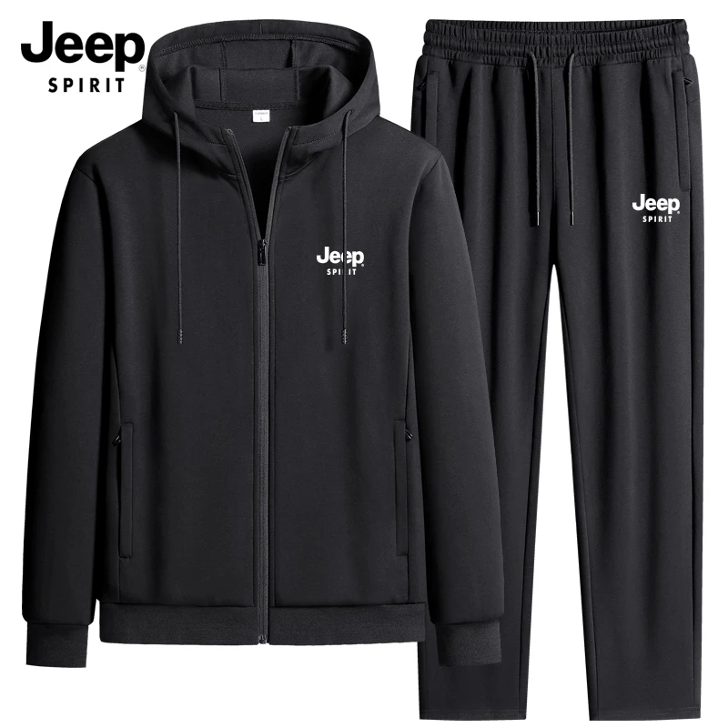 Jeep吉普运动套装男春秋季开衫连帽卫衣时尚潮流大码运动服两件套