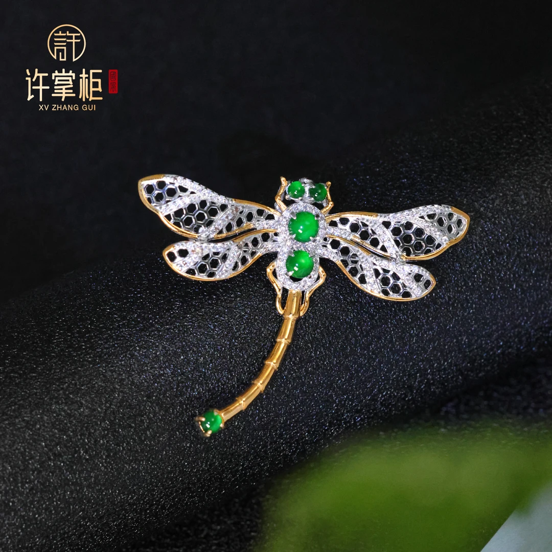 许掌柜｜S925银翡翠胸针吊坠两用款天然翡翠A货蛋面蜻蜓配饰精致