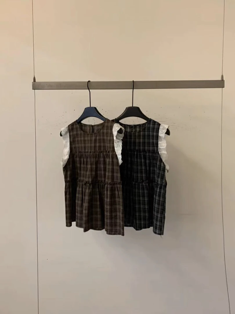 6766 土布鱼甜美花边百搭格子小衫