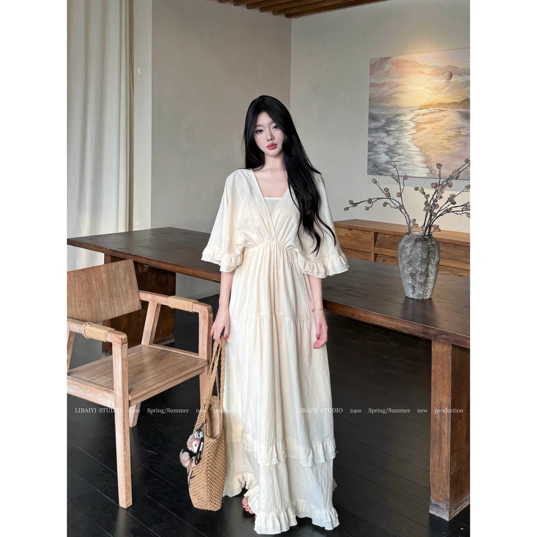 现货 LIBAIYI 重工！侘寂美学/手工拉丝花边大V领仙女连衣裙1530