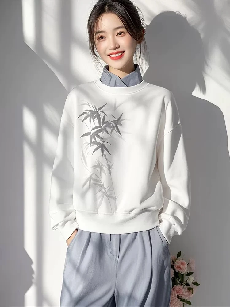 2025春季新款白色假两件撞色立领竹子印花卫衣女灰色阔腿裤两件套