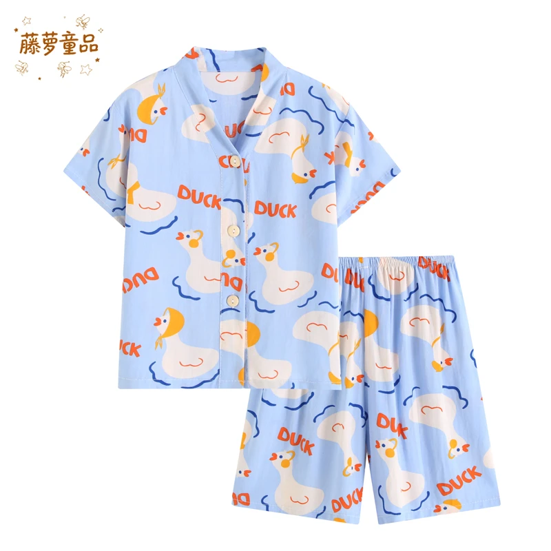 夏季薄款儿童棉绸睡衣短袖短裤家居服套装宝宝男童女童中大童