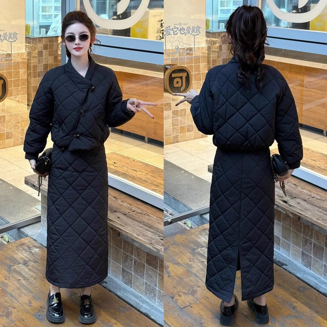 加绒加厚时尚套装女冬季新款洋气显瘦保暖棉服外套半身裙两件套潮