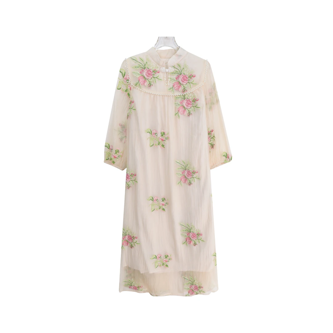 S新中式刺绣钉珠系带收腰灯笼袖连衣裙A13339