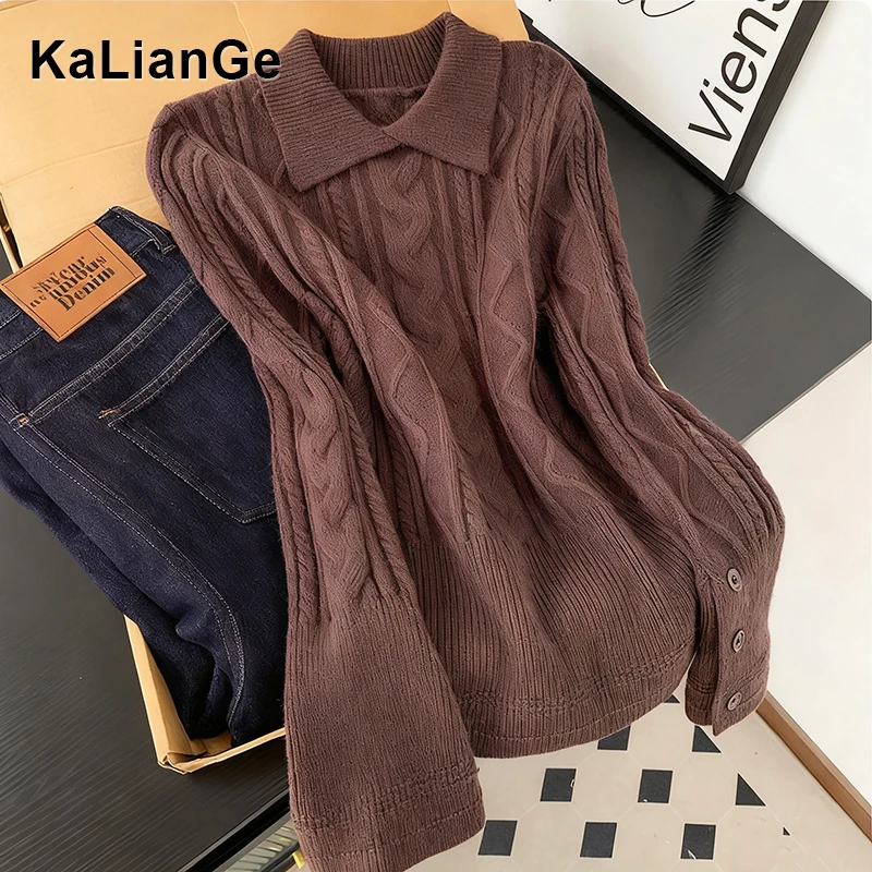 卡莲格/ 韩系麻花翻领套头毛织上衣女2025秋冬季加厚保暖软糯毛衣