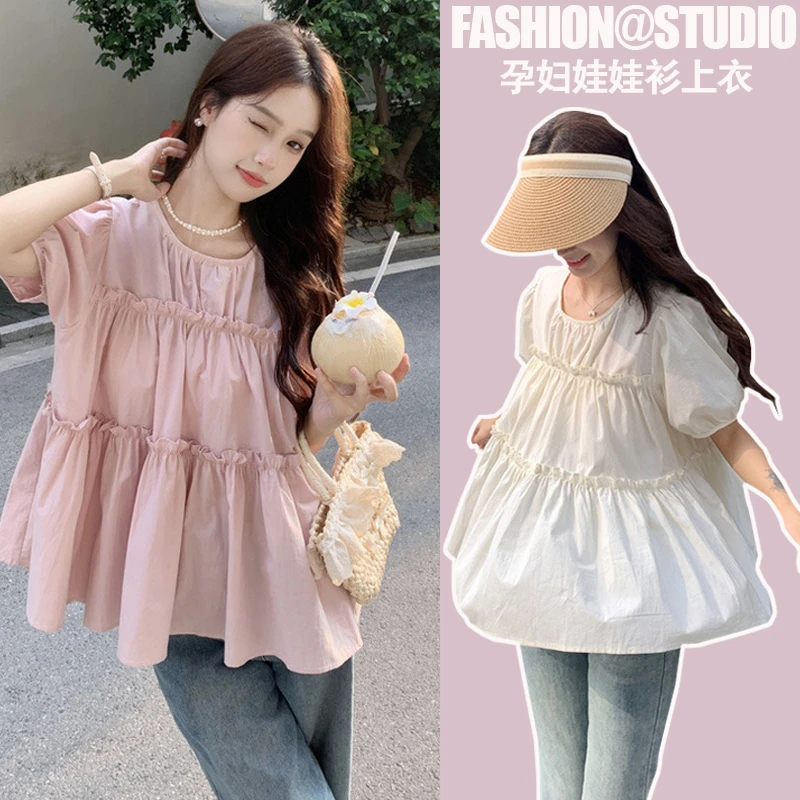 孕妇装2025夏季新款法式泡泡袖时尚休闲百搭遮肚衬衣孕期宽松上衣