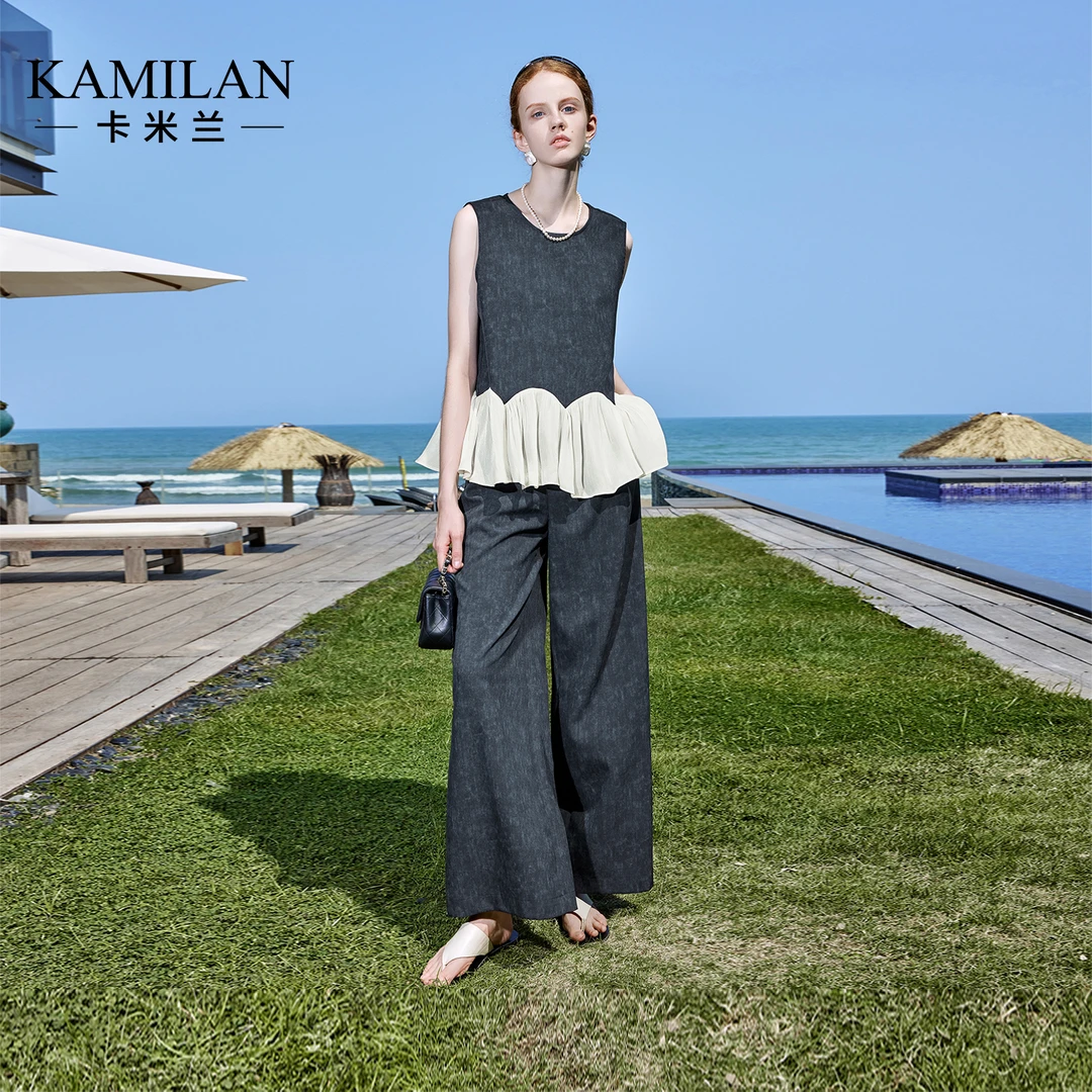 卡米兰无袖蕾丝拼接上衣裤子女2025夏季新款气质穿搭一整套高级感