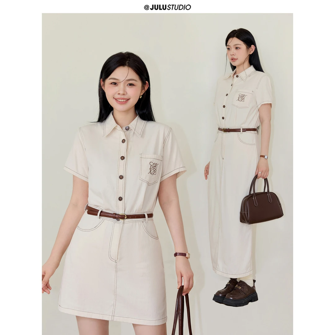 巨鹿工作室“柔和的工装”微胖mm复古率性工装牛仔A字大码连衣裙