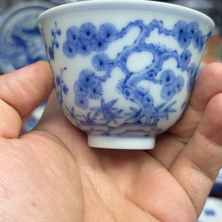 摆件陶景德镇青花松竹梅杯杯