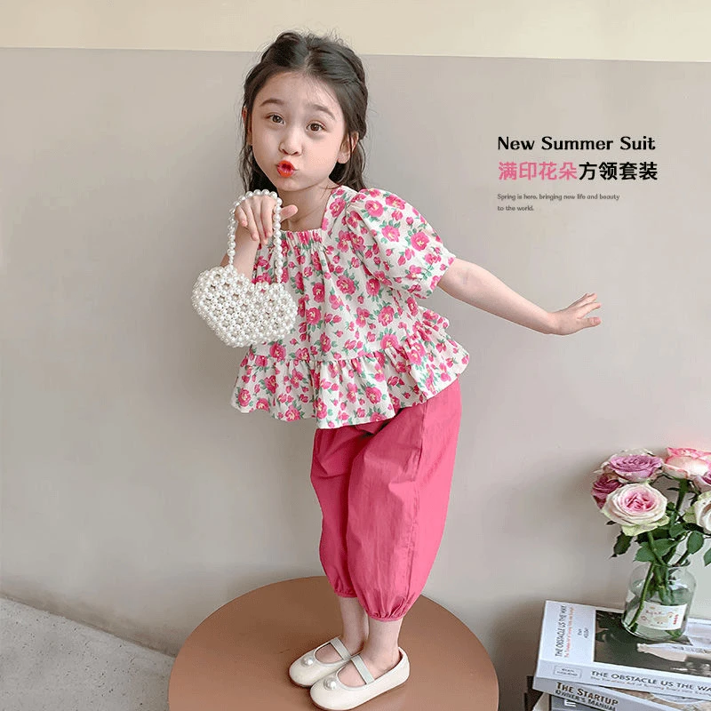 女童夏季套装薄款洋气时髦小女孩幼儿宝宝儿童方领碎花裤子两件套