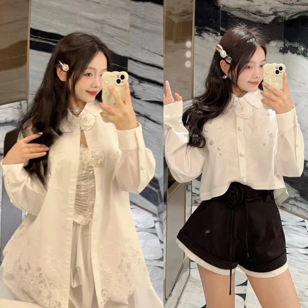 辰辰辰服饰店周也同款重工刺绣衬衣外套半裙白色长裤