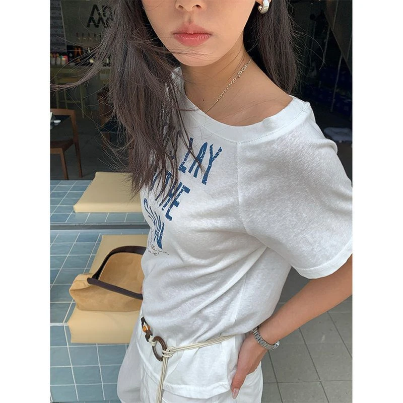 韩系ins小众设计感一字肩短袖T恤女宽松休闲百搭上衣H1DA520482