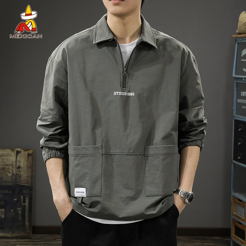 Mexican/稻草人秋季户外速干polo衫男款宽松休闲长袖冲锋上衣外套