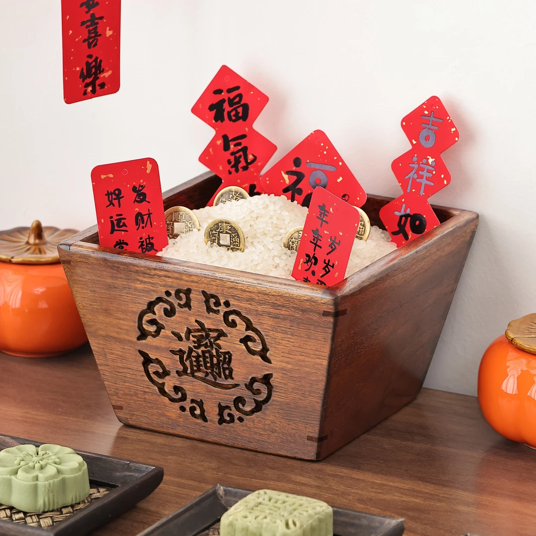 异丽新中式实木日进斗金米斗榫卯仿古创意客厅装饰摆件开业送礼