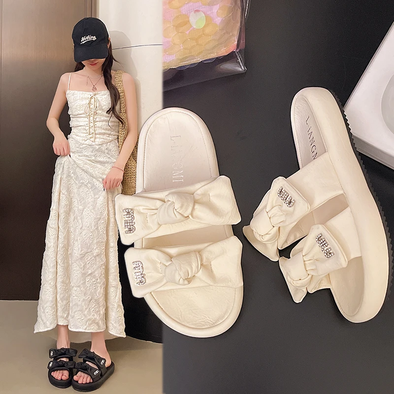 蝴蝶结一字拖女2025夏季新款厚底显高凉拖鞋休闲风沙滩拖鞋外穿女