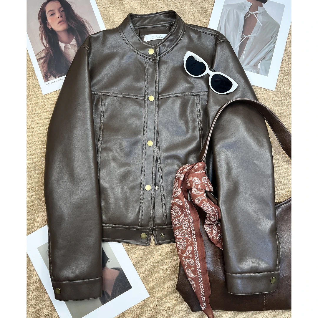 2025秋季新款小个子复古港风高级感夹克机车皮衣外套女美式短上衣