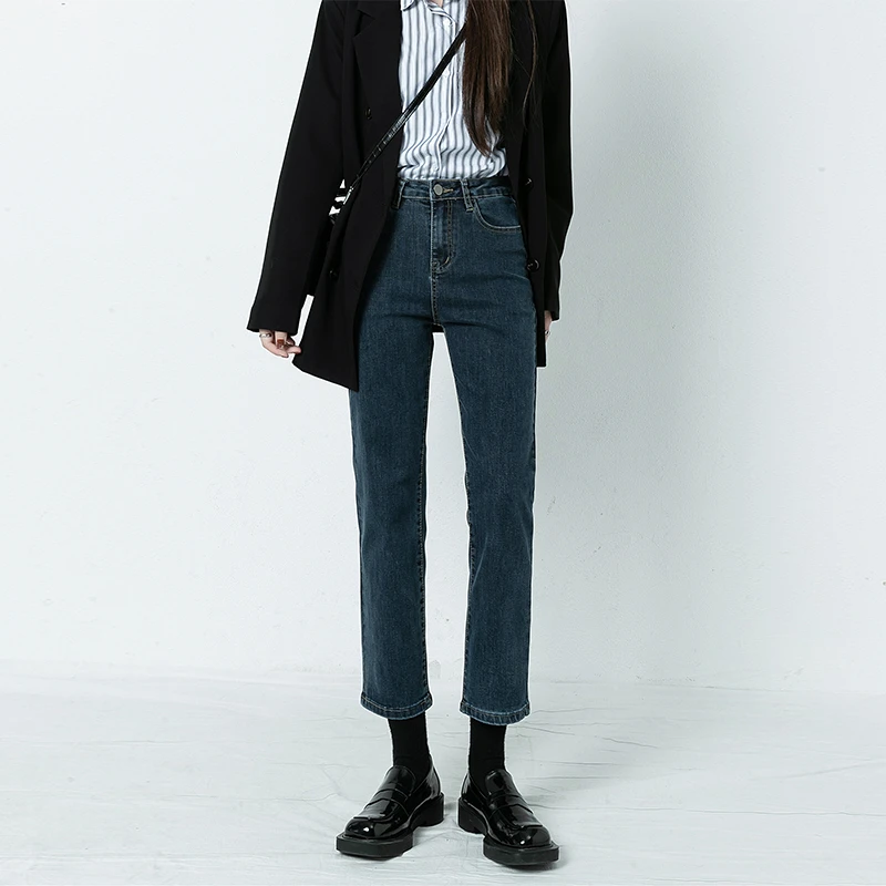 黑色高腰显瘦烟管牛仔裤女2025早秋新款小个子弹力九分修身直筒裤