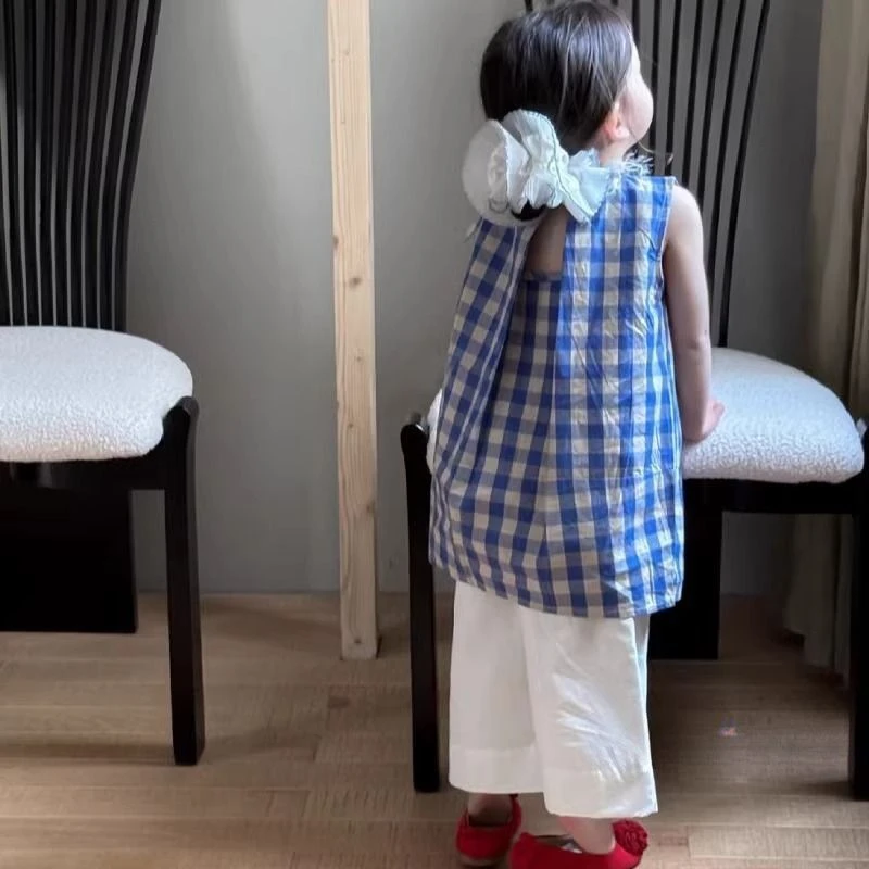 女童格子无袖背心裙套装韩系女宝夏季镂空设计高级感连衣裙阔腿裤