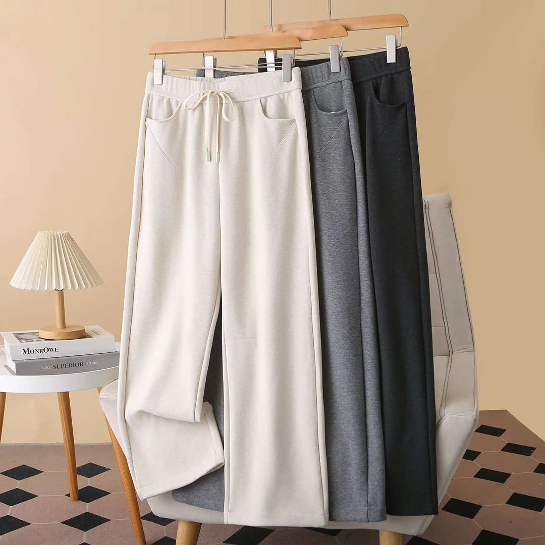 大码微胖MM秋冬新款极简风窄版直筒裤女纯色松紧腰宽松百搭长裤