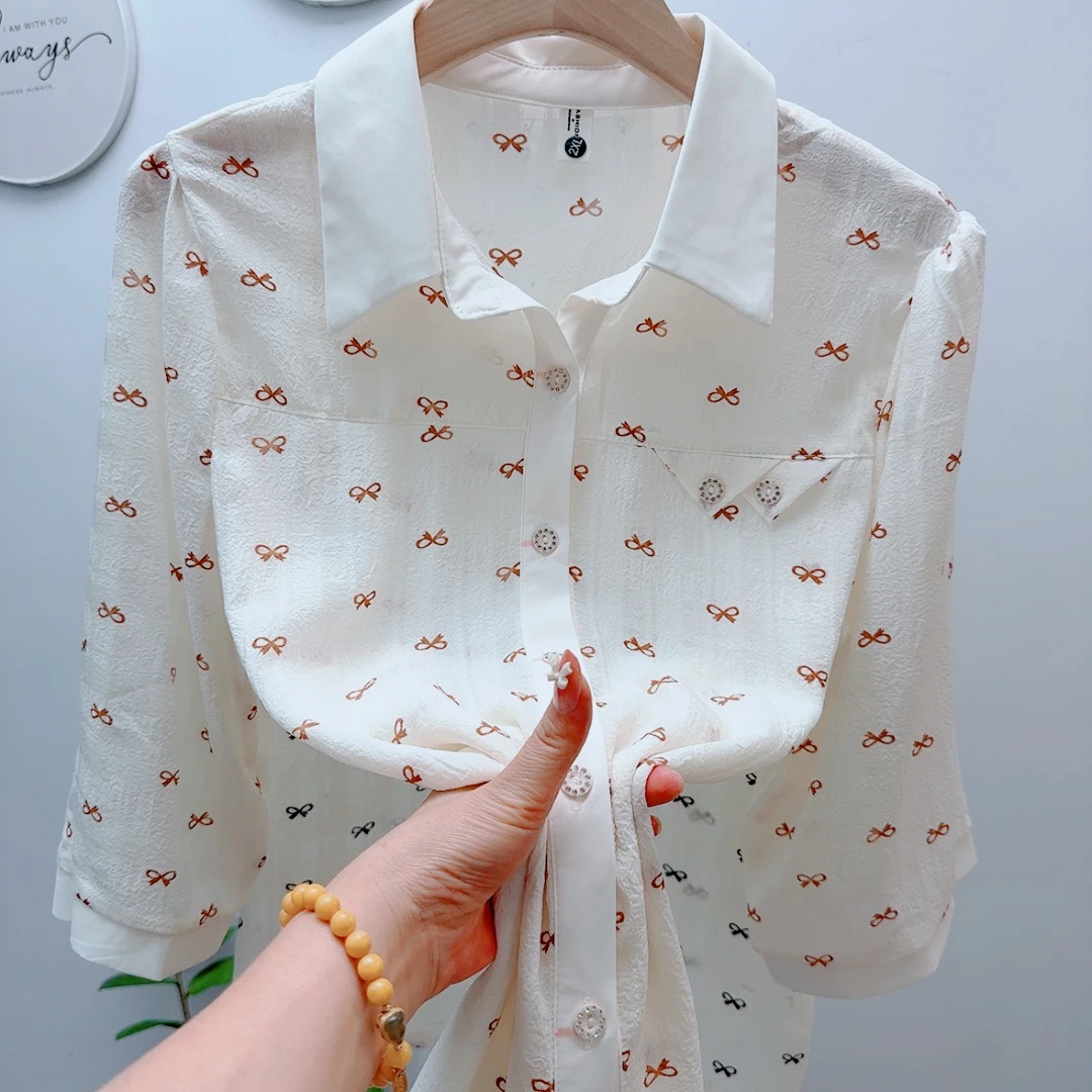 夏季新款七分袖印花雪纺衬衫女款宽松减龄百搭时尚上衣妈妈装