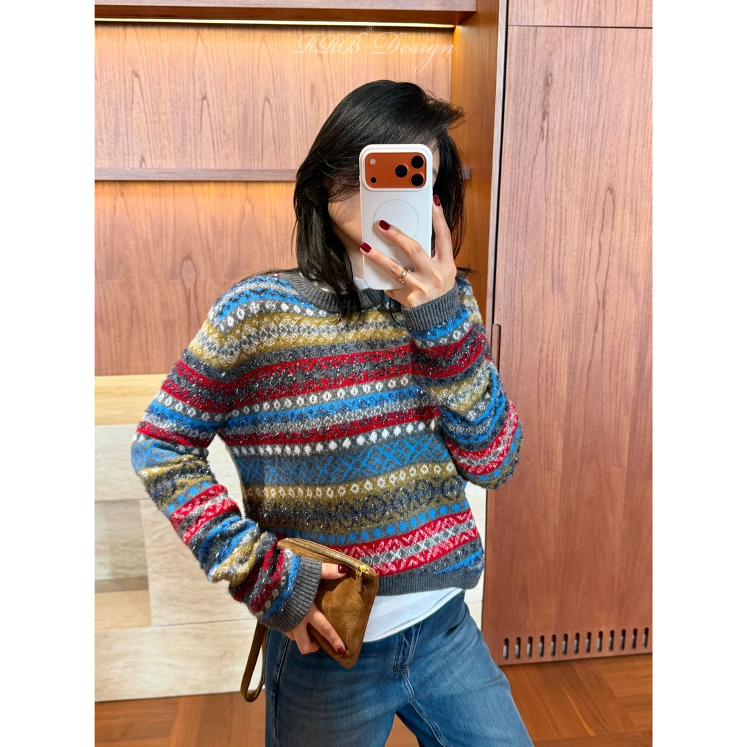 RRB Design 羊毛金银丝提花宽松显瘦休闲费尔岛毛衣厚实毛织衫