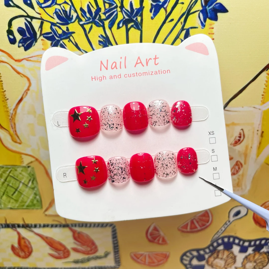 新款五角星迎红国庆洒金手工穿戴甲美甲小朋友3-12岁