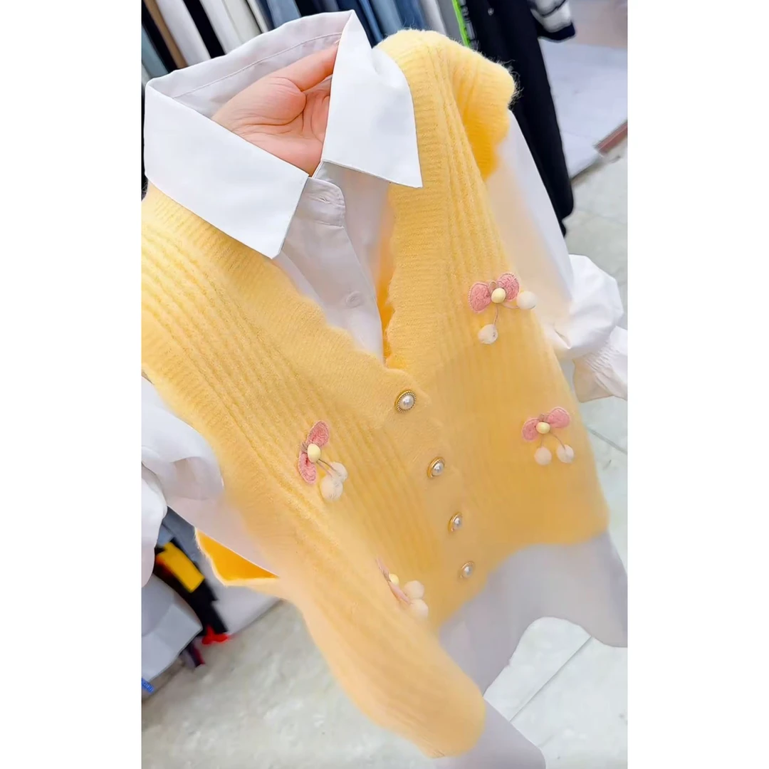 今年流行穿搭2025早秋新款温柔风立领衬衫花朵钉珠背心上衣两件套