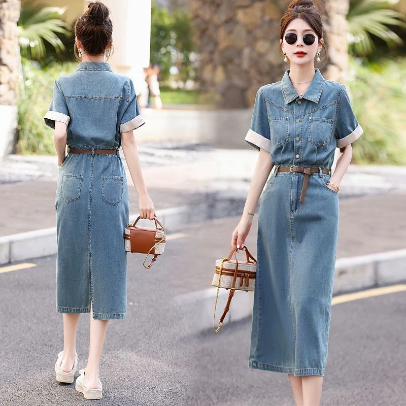 短袖薄款水洗软牛仔连衣裙女夏季2025新款洋气修身高级感夏天裙子