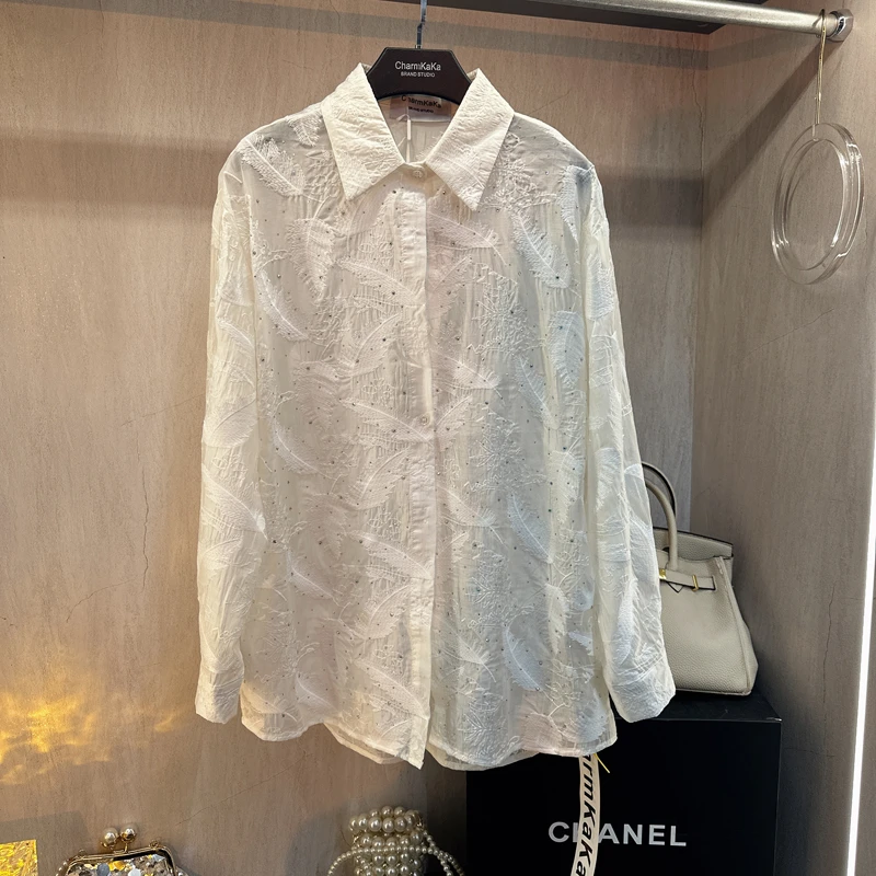 【浅苏薄荷】62472烫钻精致刺绣羽毛长袖衬衫