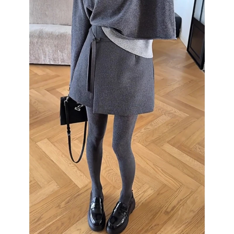 设计感不规则开叉系带毛呢半身裙女秋冬防走光高腰显瘦百搭a字裙