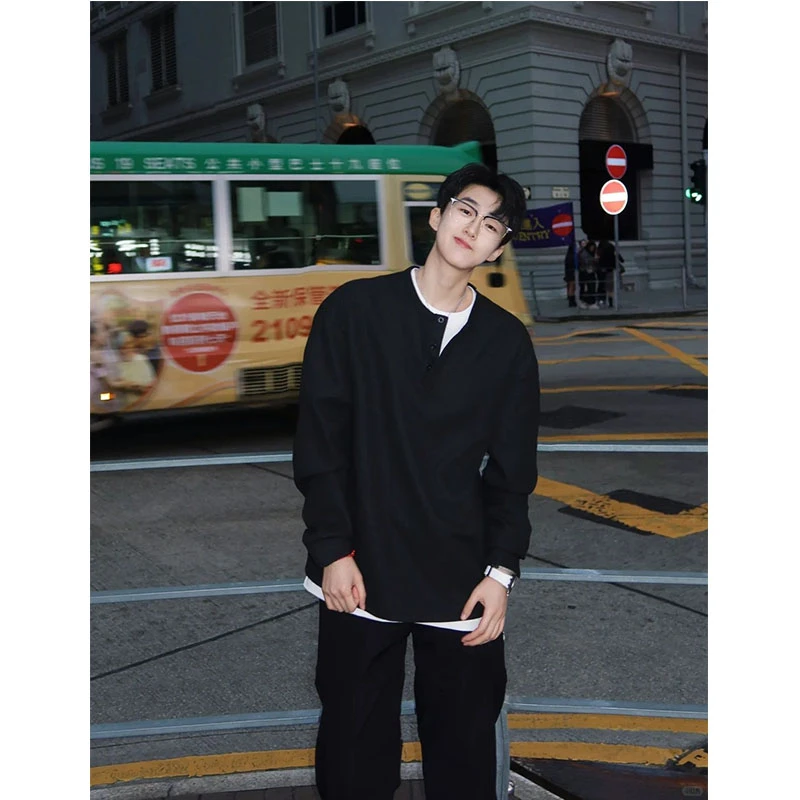 假两件亨利领长袖t恤男款秋季美式老钱风穿搭上衣ins休闲百搭卫衣