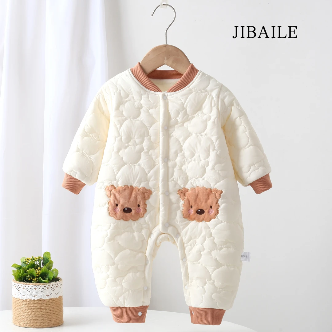 婴儿连体衣夹棉长袖哈衣新生儿爬服宝宝衣服秋冬装外出服