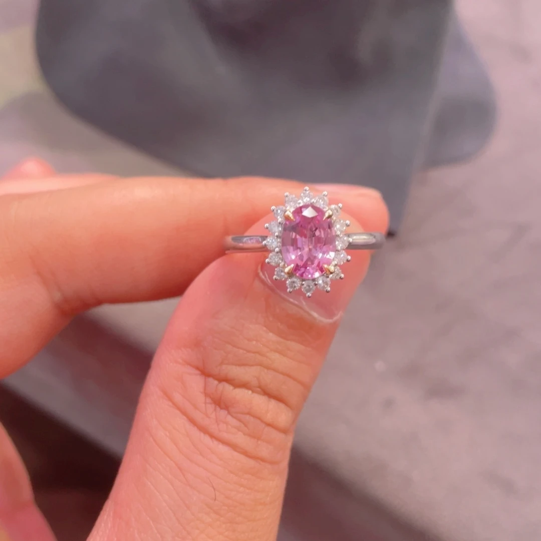 彩色蓝宝石戒指18K金镶嵌1.21ct 无烧帕帕