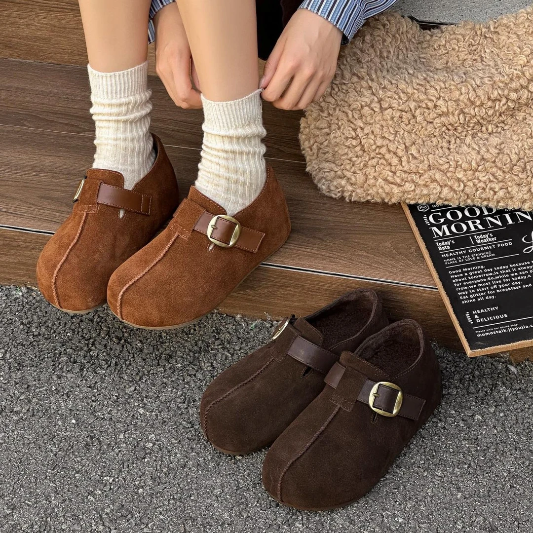 厚底增高大头勃肯鞋女2025冬季新款磨砂真皮复古加绒穆勒休闲鞋女