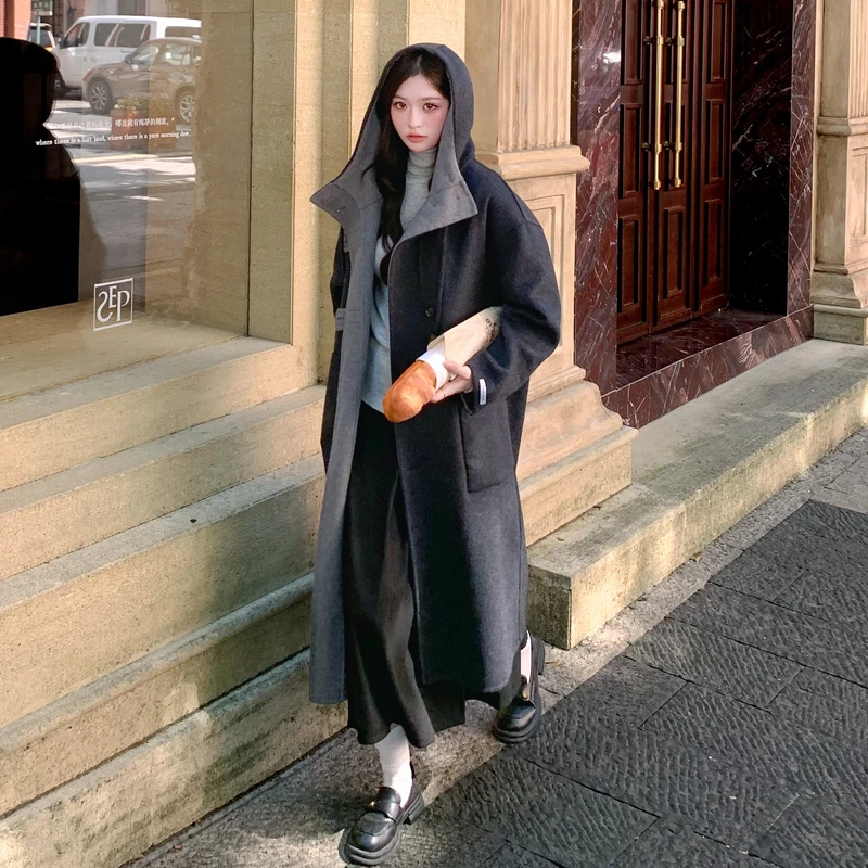 【顺丰包邮】双面羊毛呢大衣正反两穿连帽女韩版气质百搭中长款加厚
