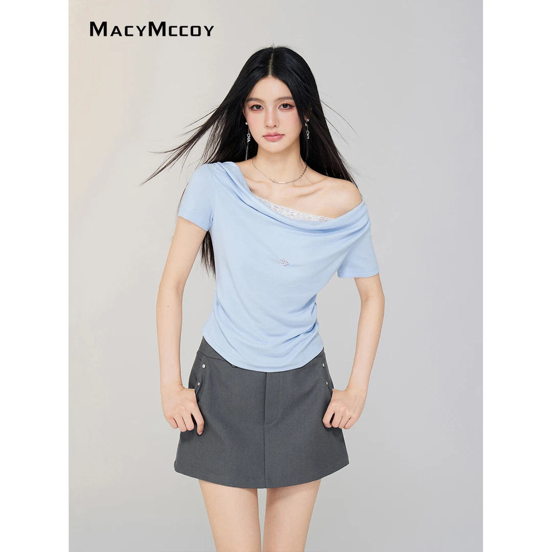 【熊小姐专享】MacyMccoy蕾丝拼接褶皱T恤女腰显瘦一字肩堆堆领上衣