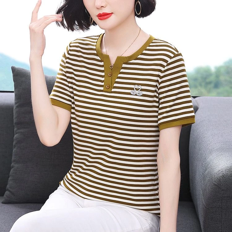 020#（运补6-8¥）夏季螺纹棉条纹烫钻休闲T恤