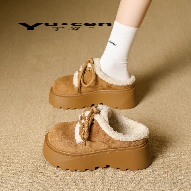 【万达撤柜】厚底加绒勃肯鞋女2025冬季保暖毛毛鞋一脚蹬增高包头拖