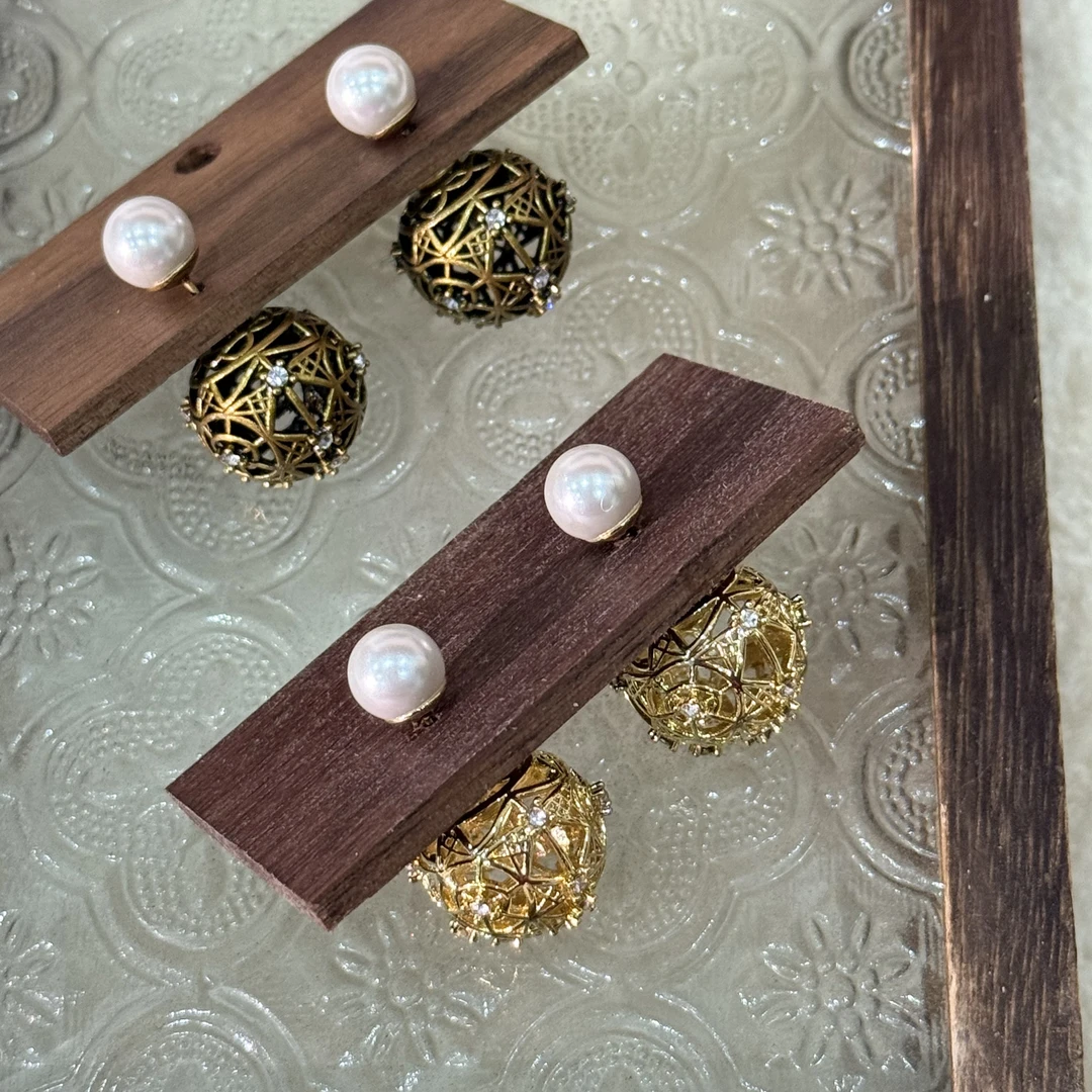 铜合金锆石耳饰 HRY0-铜合金球体镂空锆石简约珍珠耳钉HRY0-1013