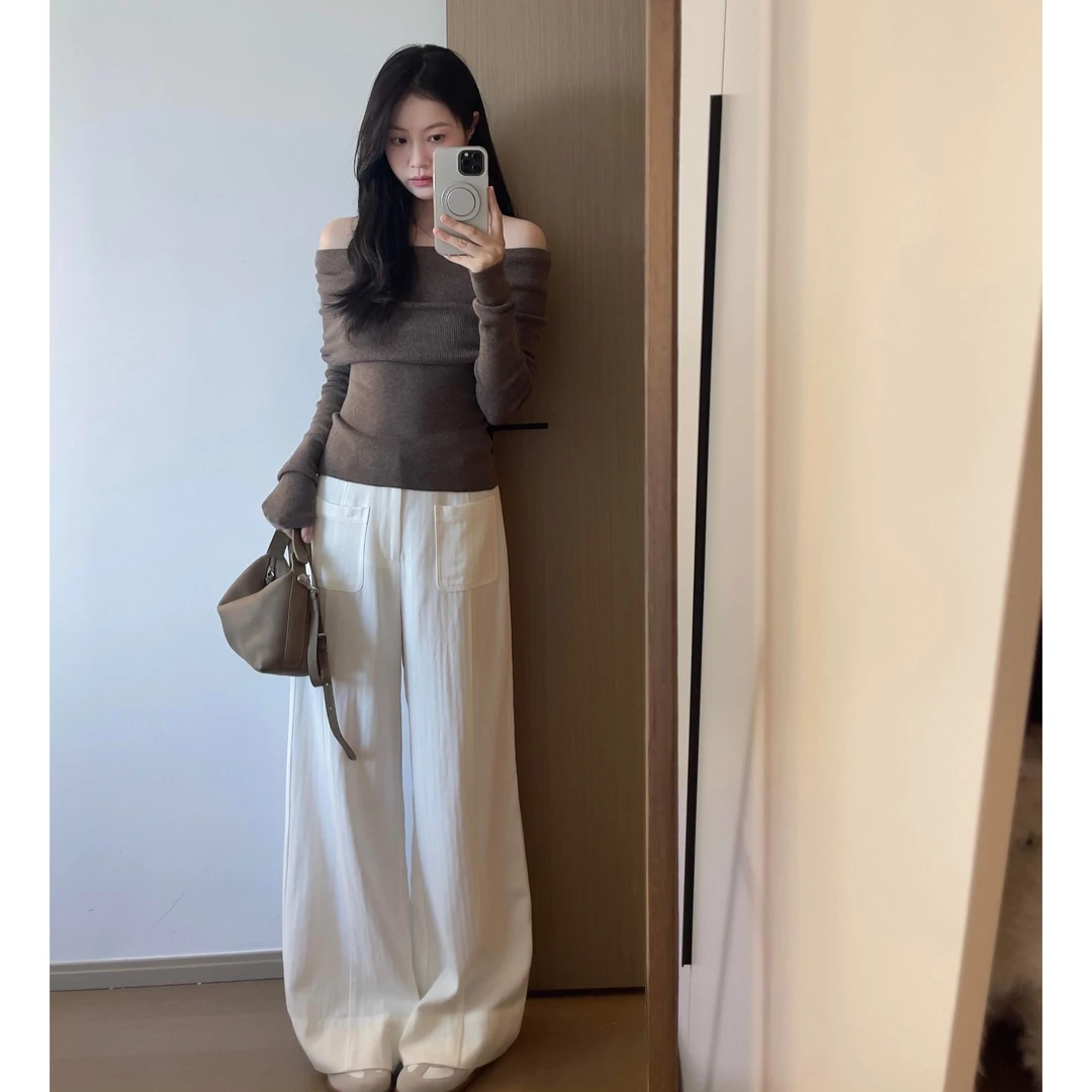 早秋新款洋气纯欲慵懒风女装设计感小众露肩气质上衣宽松阔腿裤女