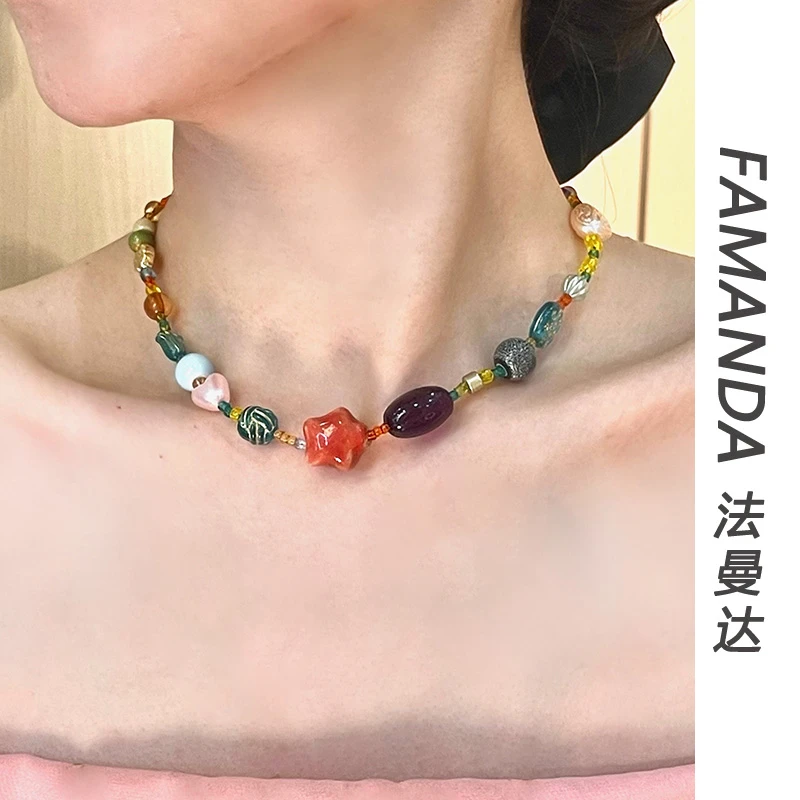 法曼达 铜合金亚克力项链 锁骨链女复古拼接几何撞色手工轻奢编织