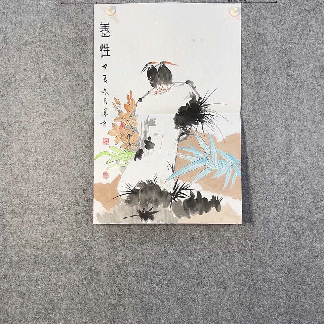 国画429 花鸟在树丛的顶端发出巨大声音