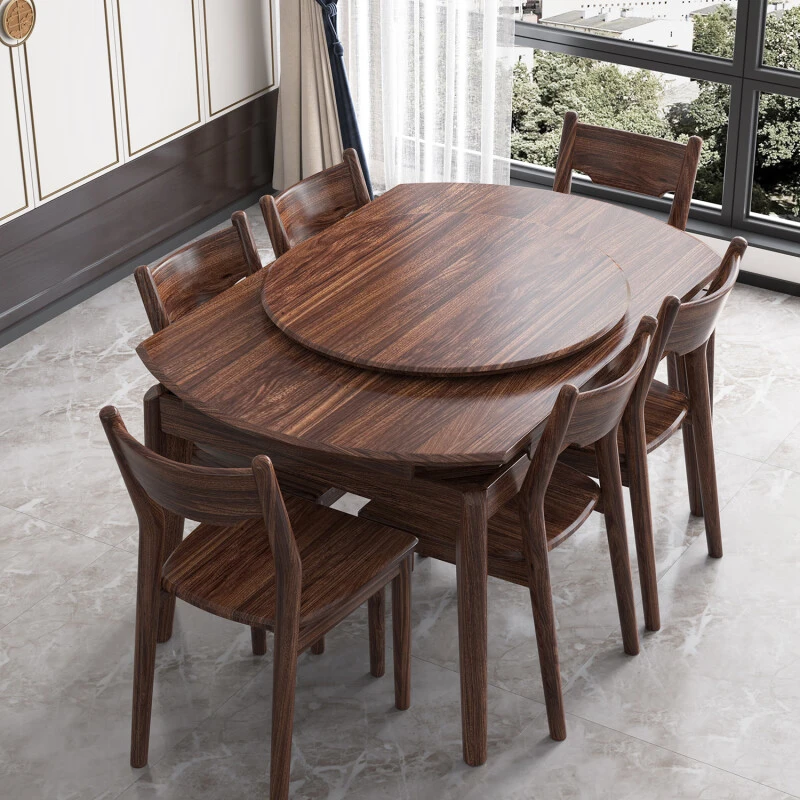 伸缩圆桌乌金木简约北欧全实木餐桌椅组合方圆两用禅意中式99120