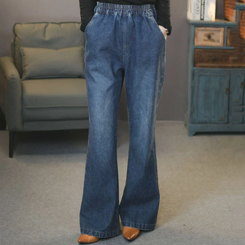 知秋6805蓝#2025春季复古显瘦牛仔直筒裤松紧腰时尚拖地梧桐裤