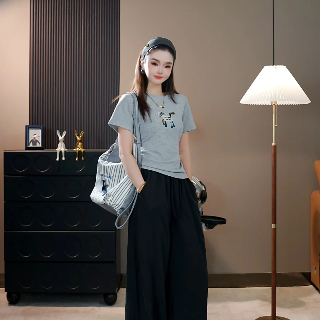 Apvr彩色小马刺绣款25年春夏新品短袖女百搭显瘦圆领T恤女T555