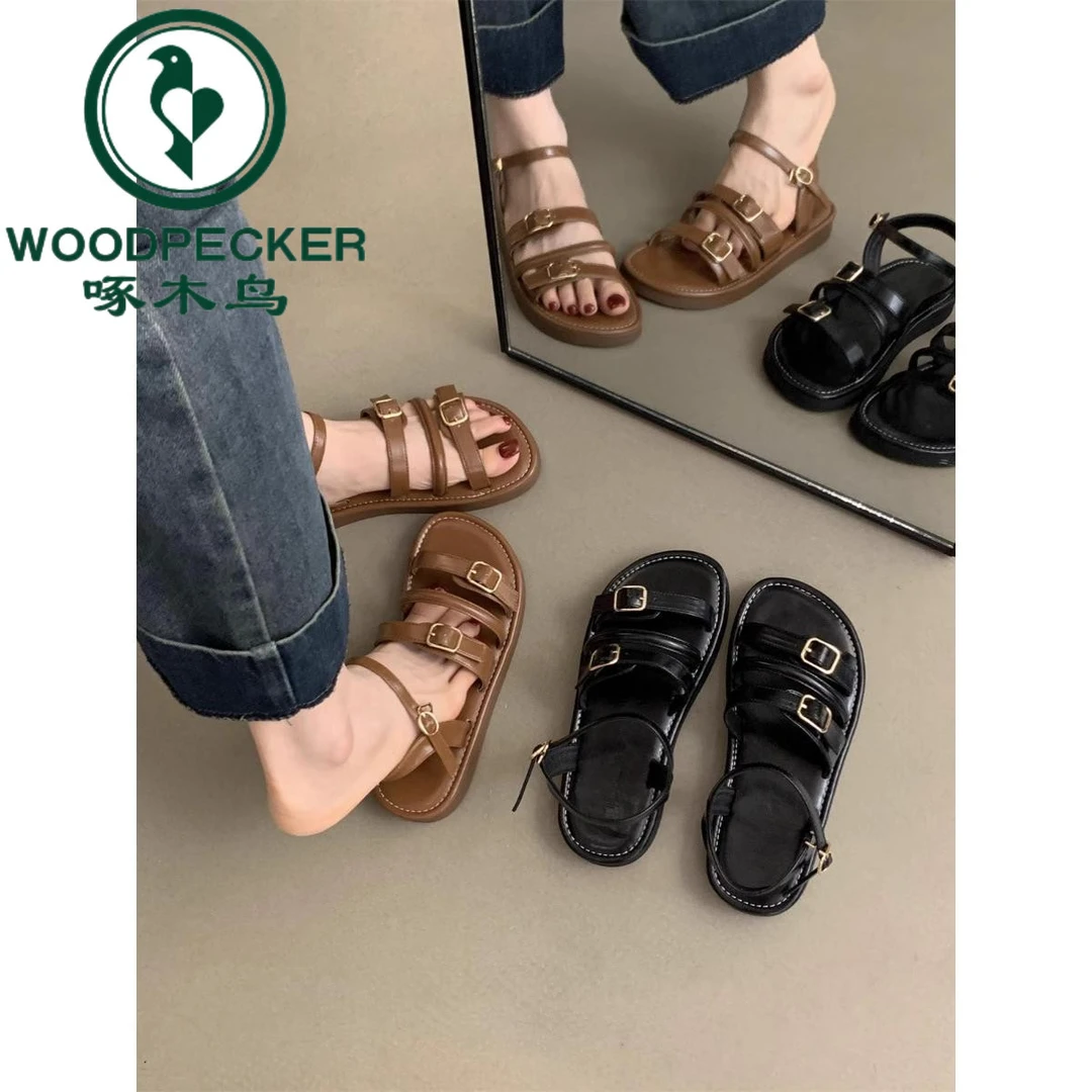 啄木鸟一字带软底凉鞋女夏季外穿法式复古仙女风扣休闲学生罗马鞋