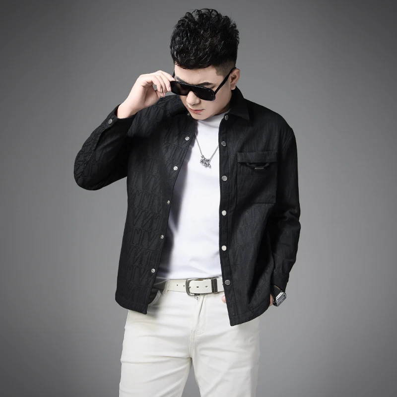2025春款长袖衬衫外套男士高级感提花黑色春秋翻领夹克休闲衬衣
